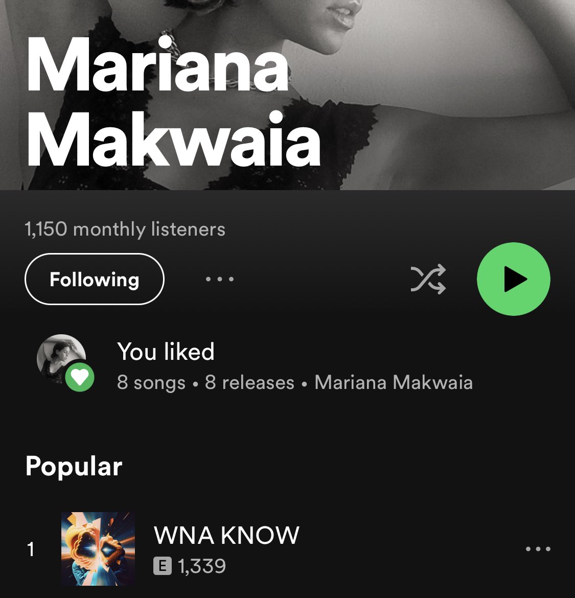 makwaia_'s tweet photo. Awww 1 month later and WNA KNOW is hitting some playlists- already broke 1k! We’re just getting started. Appreciate all of you here at the beginning w me ☺️✨💓 https://t.co/RWmjGgbnI3