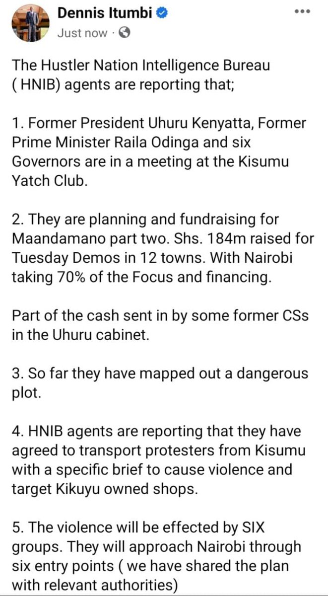 OleItumbi's tweet photo. The Hustler Nation Intelligence Bureau ( HNIB) agents are reporting that;

1. Former President Uhuru Kenyatta, former Prime Minister Raila Odinga, and six governors are in a meeting at the Kisumu Yatch Club.

2. They are fundraising for Maandamano part 2. 

IT IS SO DECLASSIFIED! https://t.co/VXVWzYj4Fe