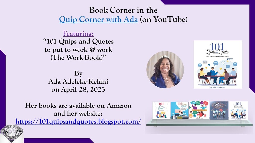 Quip_Corner's tweet photo. The Work-Book

I just finished my 5th book titled 101 Quips and Quotes to put to work @ work (The Work-Book). Autographed copies can be ordered here: https://t.co/A1T0pmlk9B

I look forward to reading your comments on this video: https://t.co/pXksyMba9p

If you enjoyed the vid… https://t.co/wmwVTVe1zh