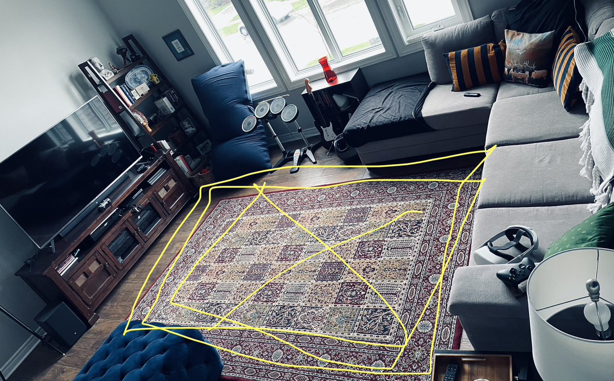 SDGreenall's tweet photo. Prepping living room for @eyeofthetemple! Still need to suspend the pup from the roof so he doesnโt run under my feet while playing. #SafetyFirst #VR #RoomScale https://t.co/BGYCAFbWhe