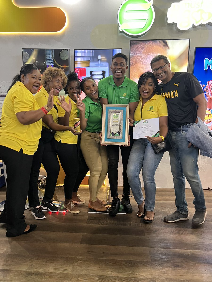 seprodgroup's tweet photo. We seh winnings! The Seprod Team celebrates after winning the award for “Most Informative Booth” and the 2nd place award for “Best New Product” (Supligen Max) at @expojamaica 2023!!! 

#SeprodStrong #WinningRightNow #OneTeamOneDream #Winnings https://t.co/FQ2Xfn2Cce