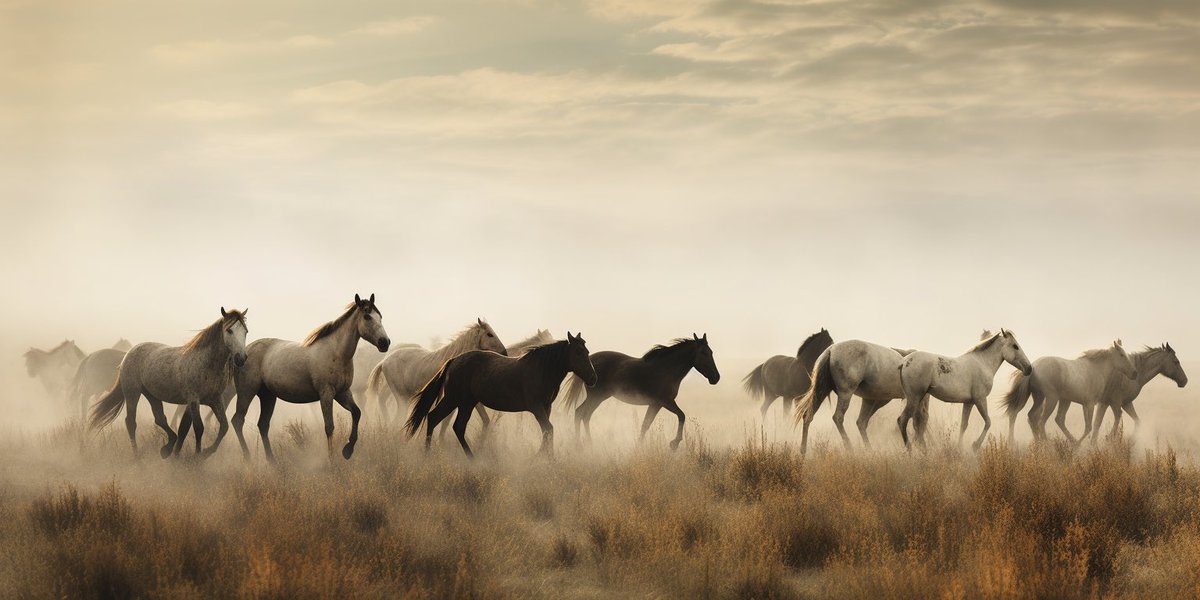 SuperpromptHQ's tweet image. The randomly generated superprompt: A herd of wild horses gallops across the vast prairie..., Western, in the style of Tim Burton, Minimal, Rustic, Ethereal, --aspect 2:1 #Superprompt #Midjourney