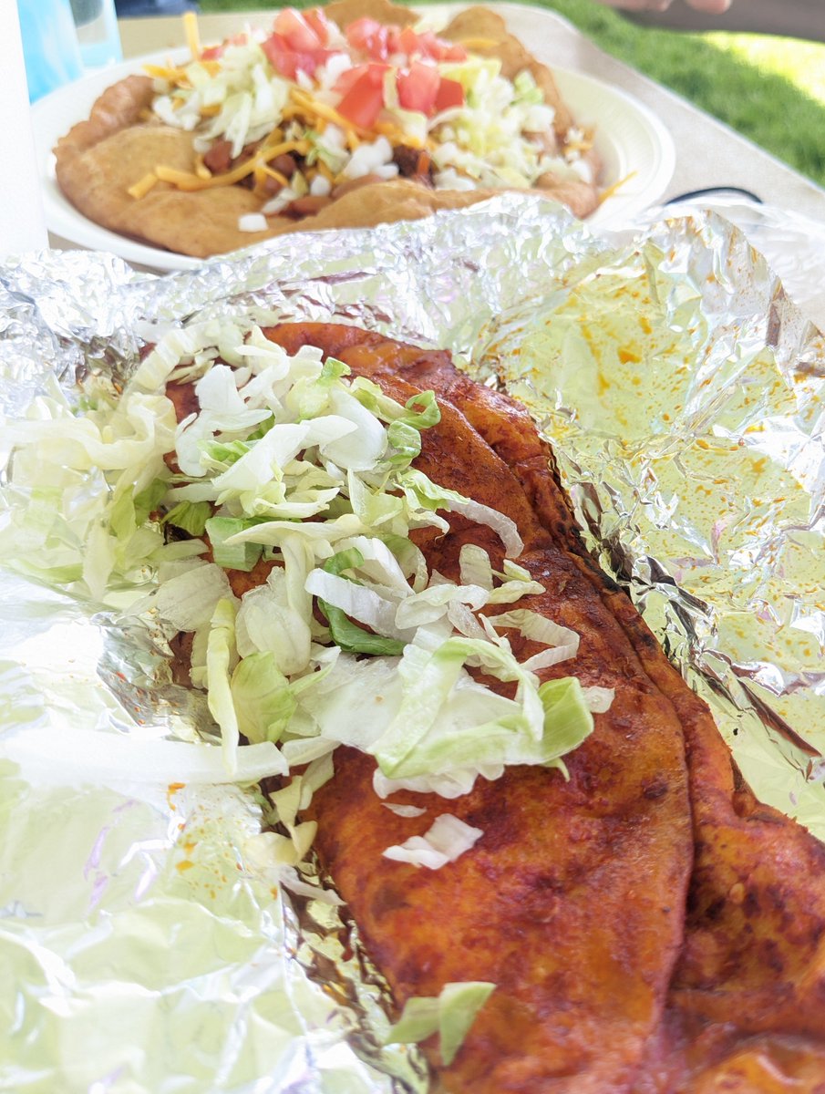 KyleaKilleen's tweet image. One of my favourite types of red chile enchiladas and an Indian Taco on #FryBread

Lots of people out today and dances going on. Beautiful day!