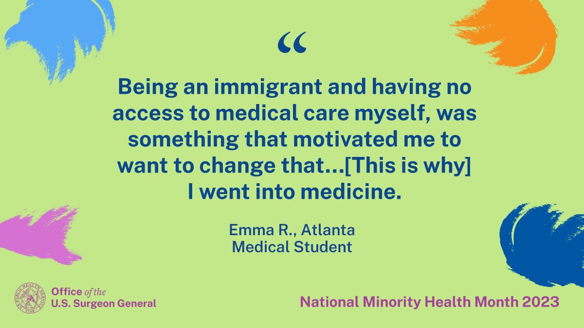 Surgeon_General's tweet photo. On the last day of National Minority Health Month, I want to recognize all the health workers serving underserved populations. Your contributions are invaluable, and we are lucky to have you caring for us. #NMHM2023 https://t.co/leWX7wrf7D
