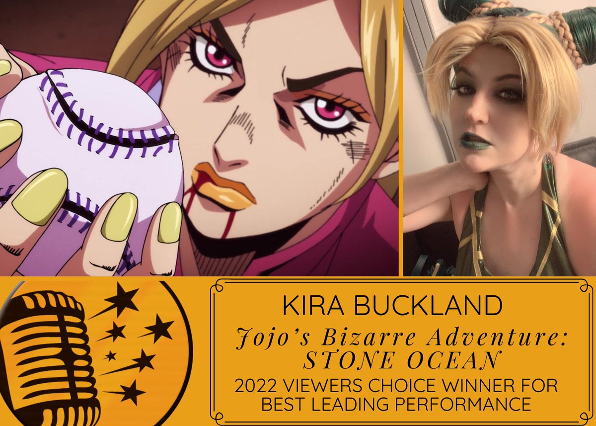 DubTalkPodcast's tweet image. Announcing the winner of the 2022 Viewer's Choice Dubbie Award for Best Lead Performance in a Dub. Your winner is...

@KiraBuckland Jolyne Cujo in Jojo's Bizarre Adventure: Stone Ocean!

See the winning moment: youtube.com/watch?v=xX_N9l…