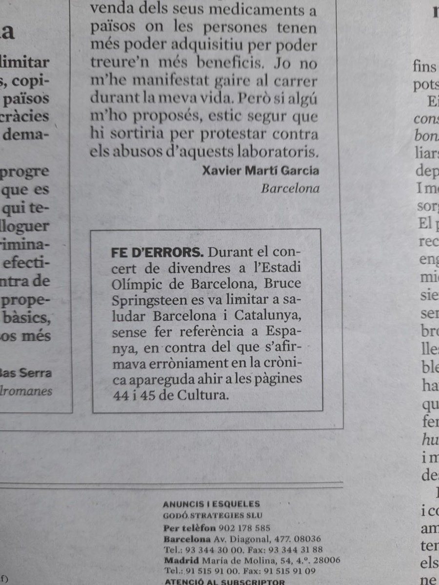 SergiMaranya's tweet photo. 🤔 Quan les futures generacions vagin a l’hemeroteca buscant Bruce Springsteen no aniran mai a la fe d’errors. I no és un error, és una manipulació periodística de La Vanguardia. Imagineu quantes manipulacions ens colen diàriament. Alguns vomiten de Twitter, però sort de Twitter! https://t.co/kThw9uW254