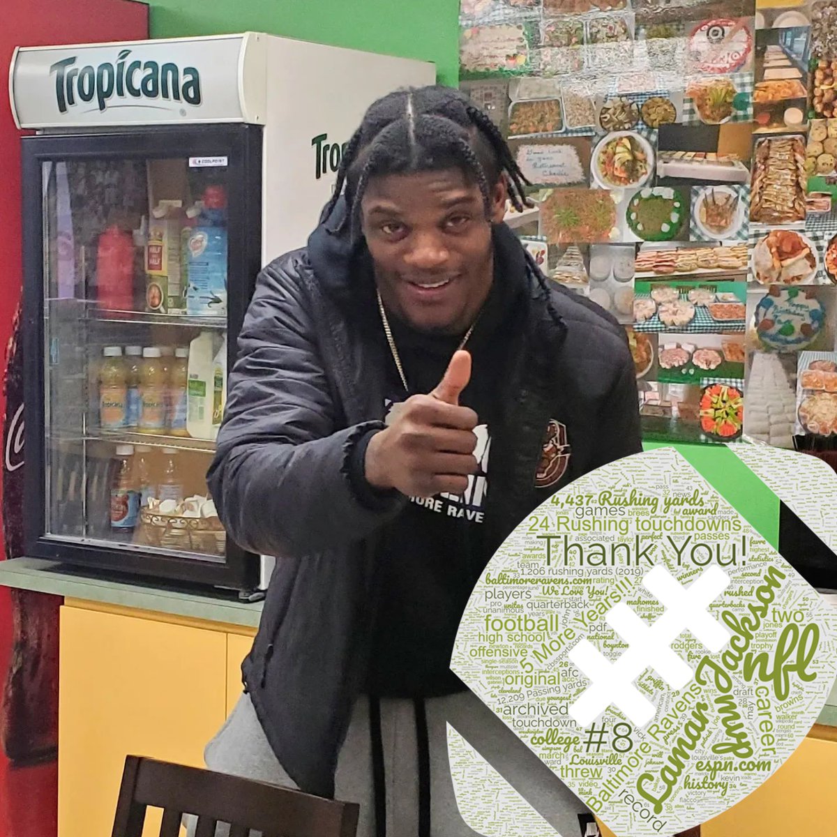CafeTerris's tweet photo. We're excited for Lamar Jackson to stick with the @Ravens! #RavensNation loves you! https://t.co/s3P1AcpBAJ