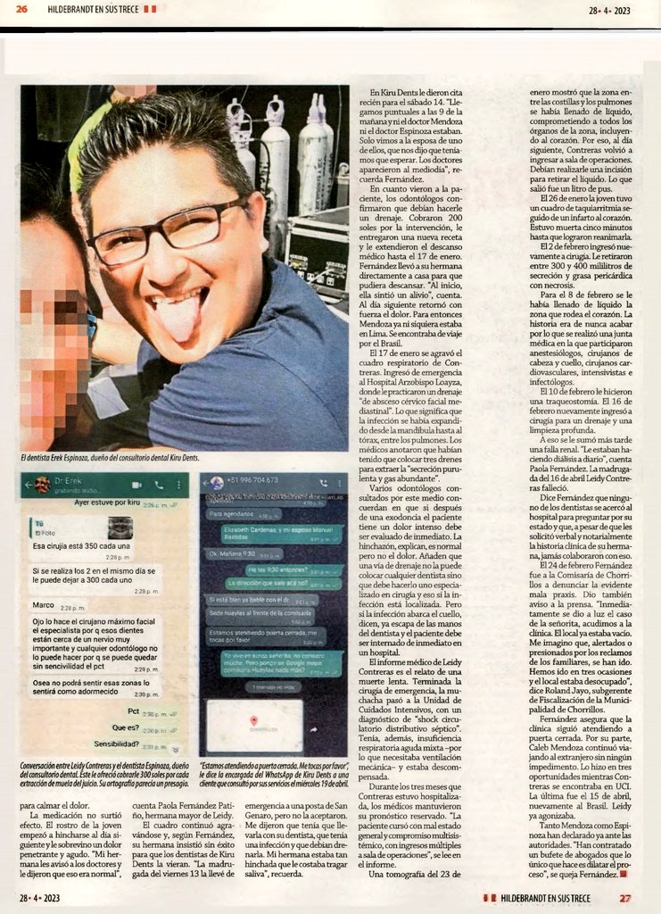 Anarefue's tweet photo. Leyendo Hildebrandt me topo con esta noticia que me dejó perpleja.
Una chica de 20 fue a un dentista en Chorrillos para que le extrajeran una muela del juicio.
El dentista salido de la UAP le produjo una infección que la mató después de varias semanas de sufrimiento https://t.co/LyQDrzua0R