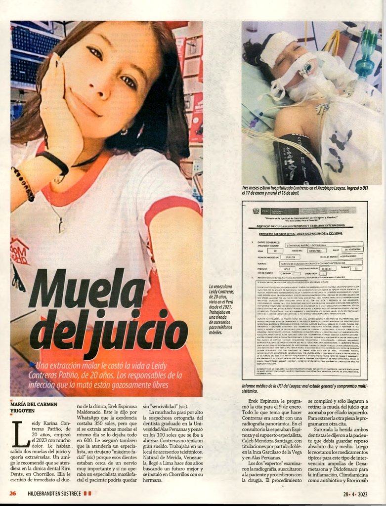 Anarefue's tweet photo. Leyendo Hildebrandt me topo con esta noticia que me dejó perpleja.
Una chica de 20 fue a un dentista en Chorrillos para que le extrajeran una muela del juicio.
El dentista salido de la UAP le produjo una infección que la mató después de varias semanas de sufrimiento https://t.co/LyQDrzua0R