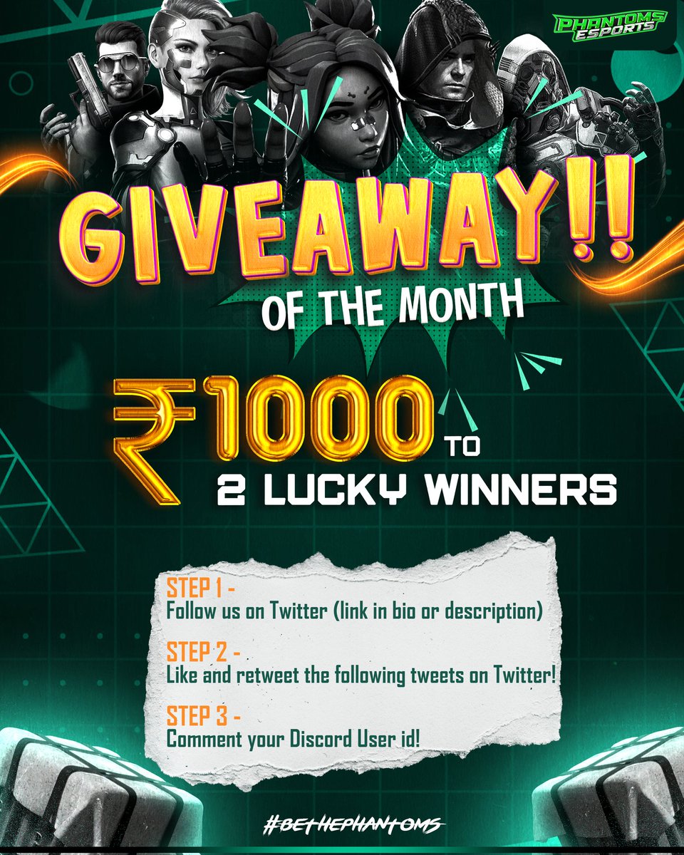 PhantomsEsp26's tweet photo. 1,000 INR GIVEAWAY π₯π₯π₯
Steps to enter
1. Like and Retweet
2. Comment Discord Username
#bethephantom #ptesp https://t.co/JKqeClSerw