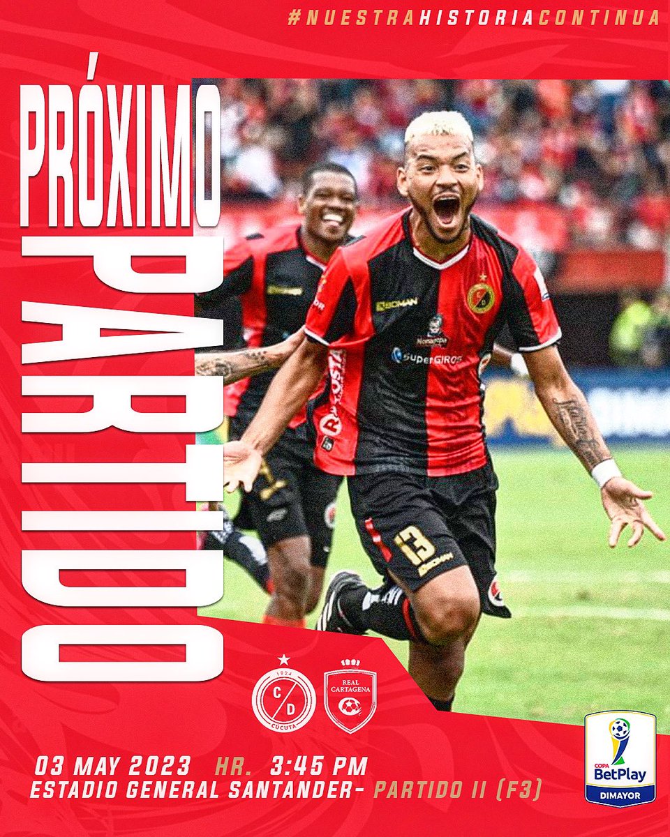 Cucutaoficial's tweet photo. P R Ó X I M O  P A R T I D O ❤️🖤

🏆 Copa Betplay - Partido II (F3)
⚽️ vs. @RealCartagena 
🏟 Estadio General Santander 
🗓 03.05.2023
⌚️ 3:45 PM
📺 @WinSportsTV +

#nuestrahistoriacontinua https://t.co/Kx7k4MAPcx