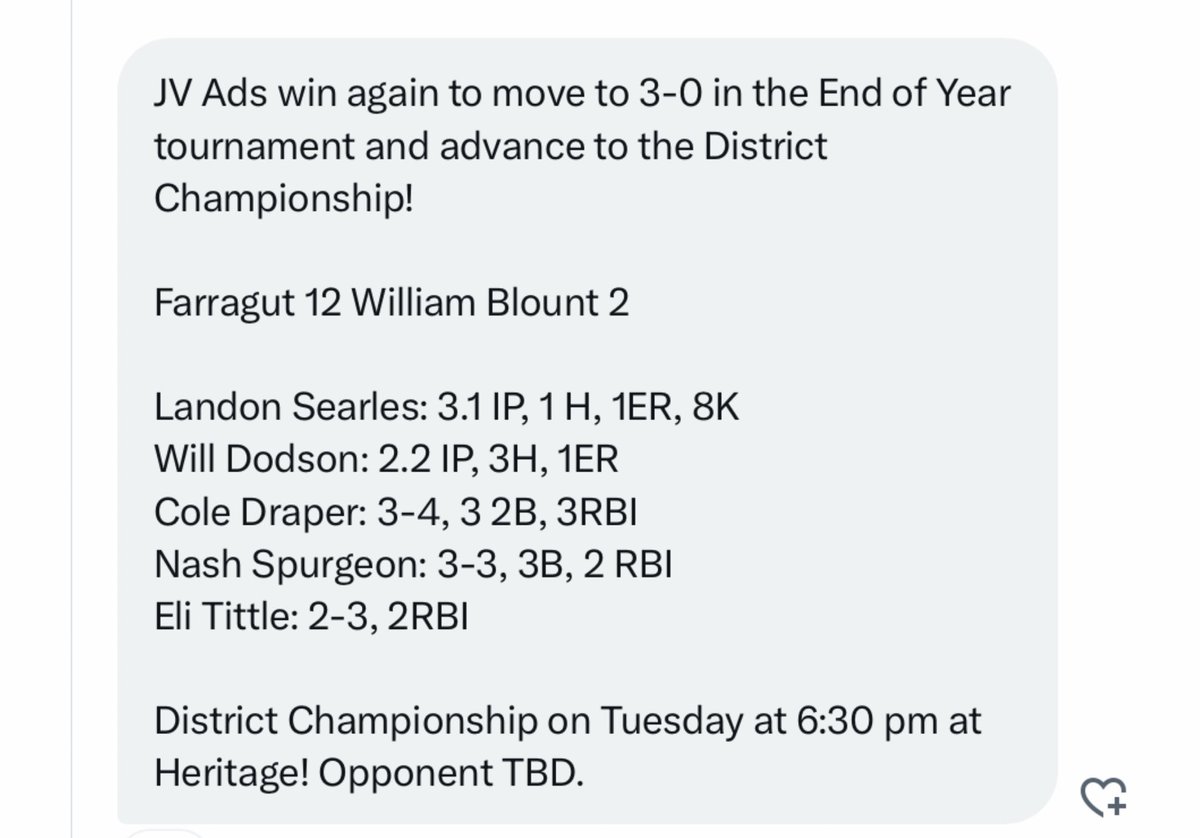 The Farragut JV Admirals Baseball Team will play for the District Tournament Championship on Tuesday!   The JV Ads defeated William Blount 12-2 today to advance to Tuesday’s Finals ⚾️⚓️
Check the photo below for highlights ⚾️
Thanks to Coach ⁦<a href="/cadecarr2/">Cade Carr</a>⁩ for the update! ⚓️