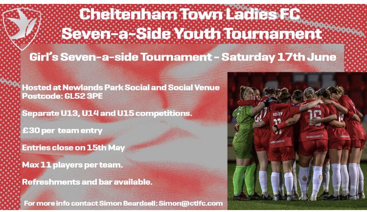 GIRLS FOOTBALL TOURNAMENT
<a href="/glos_girl_footy/">Glos Girls Footy</a> 
<a href="/CTLadiesYouth/">Cheltenham Town Ladies Youth FC</a> 
<a href="/GCAFCWomen/">Gloucester City Women</a>