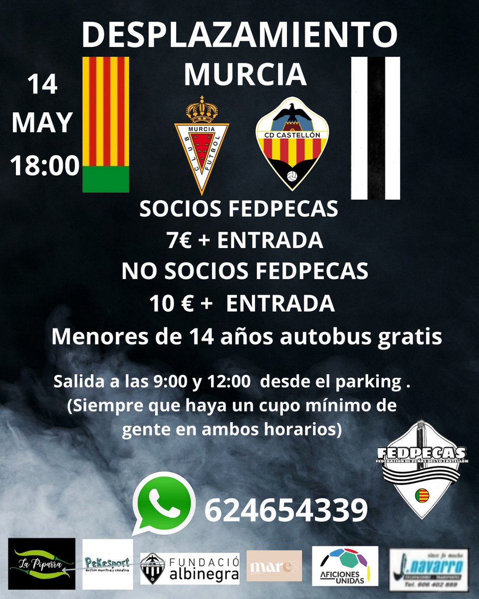 🚌 | DESPLAZAMIENTO MURCIA

Domingo 14 de MAYO

▫️Socios fedpecas: 7€ + entrada.
▪️No socios fedpecas: 10€ +entrada.

(Menores de 14 autobús gratis).

Salida 9:00 y 12:00 Parking Castalia
