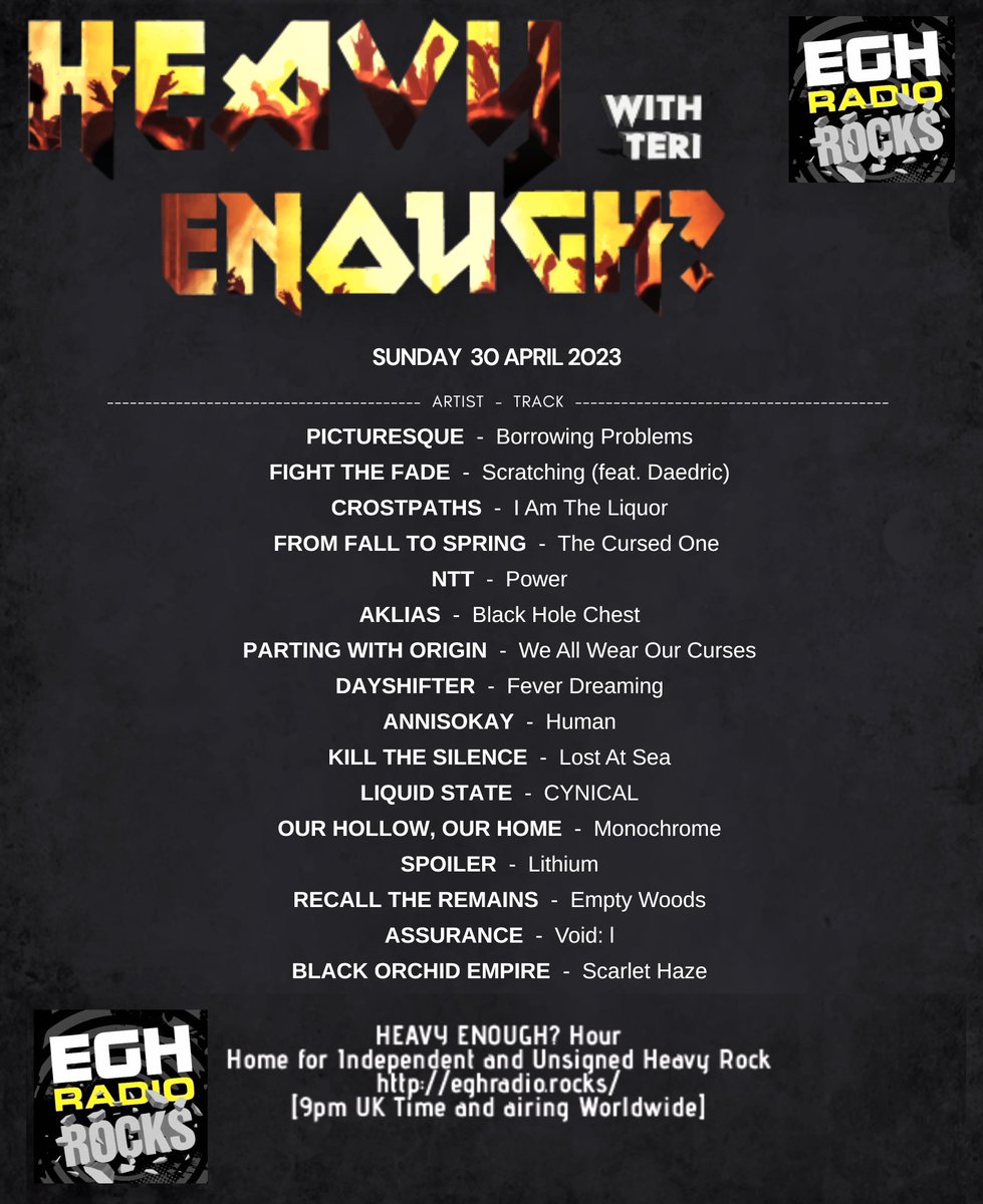 MusicMattersTee's tweet photo. #TuneIn @EGHRocks #HeavyEnough?Hour right now!
#ListenHere⇒https://t.co/aQGYmXtSH9
#NowPlaying great new music from-
@picturesqueband
@FightTheFade
@crostpaths
@ffts_ger
@AlwaysNTT
@AkliasOfficial
#Partingwithorigin
@dayshifteruk
...and more to come
Enjoy! #NewMusicAlert https://t.co/VRPgmrJttM