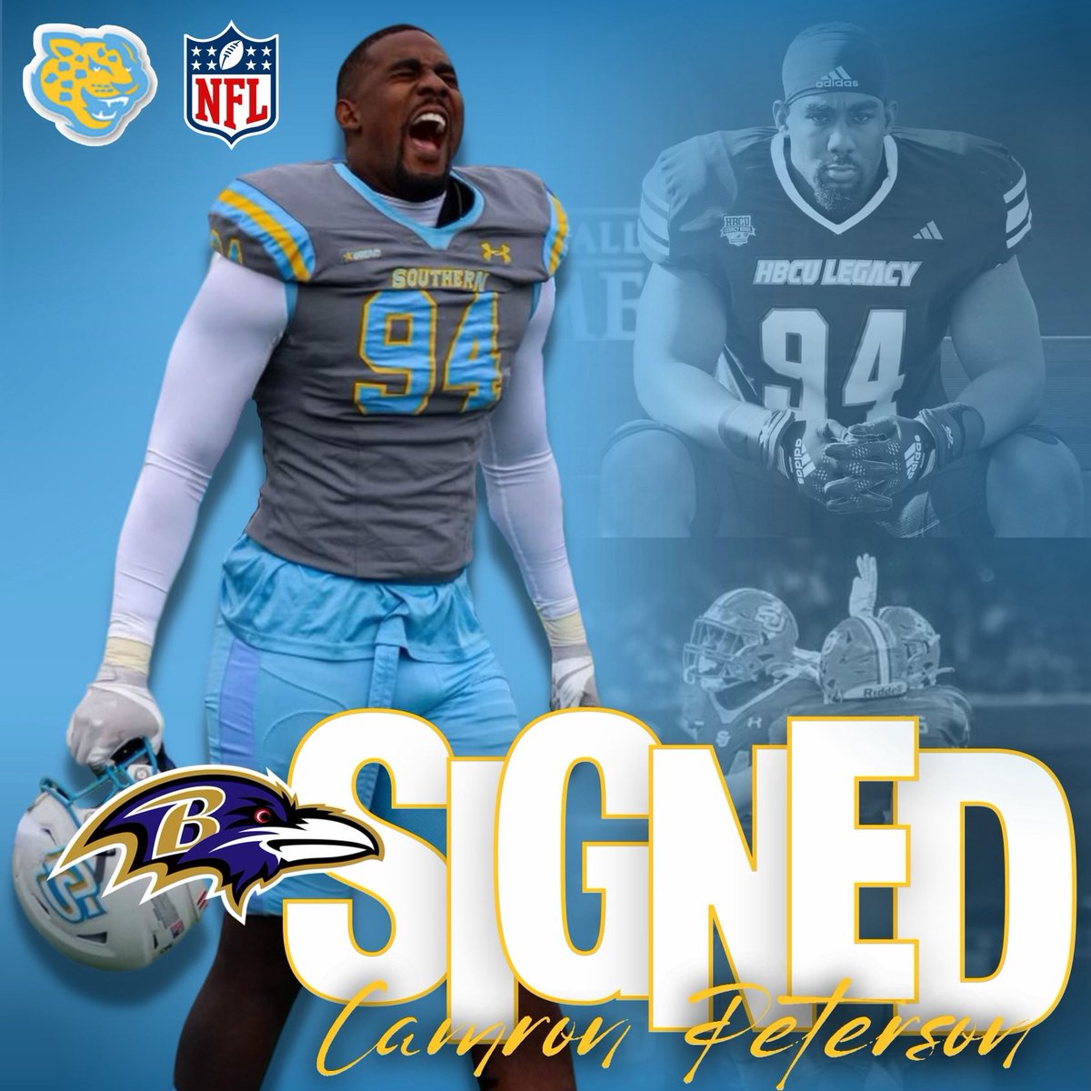 SouthernUsports's tweet photo. 𝐈𝐭’𝐬 𝐨𝐟𝐟𝐢𝐜𝐢𝐚𝐥! 𝐂𝐚𝐦 𝐢𝐬 𝐠𝐨𝐢𝐧𝐠 𝐭𝐨 𝐂𝐡𝐚𝐫𝐦 𝐂𝐢𝐭𝐲. #NFLSU

Congratulations Camron Peterson on signing with Baltimore Ravens.

Born Sept. 13, 1999, Camron is the son of Nagia Peterson and Chadric Jones. #NFL #BaltimoreRavens https://t.co/YlaMf9n6Gg