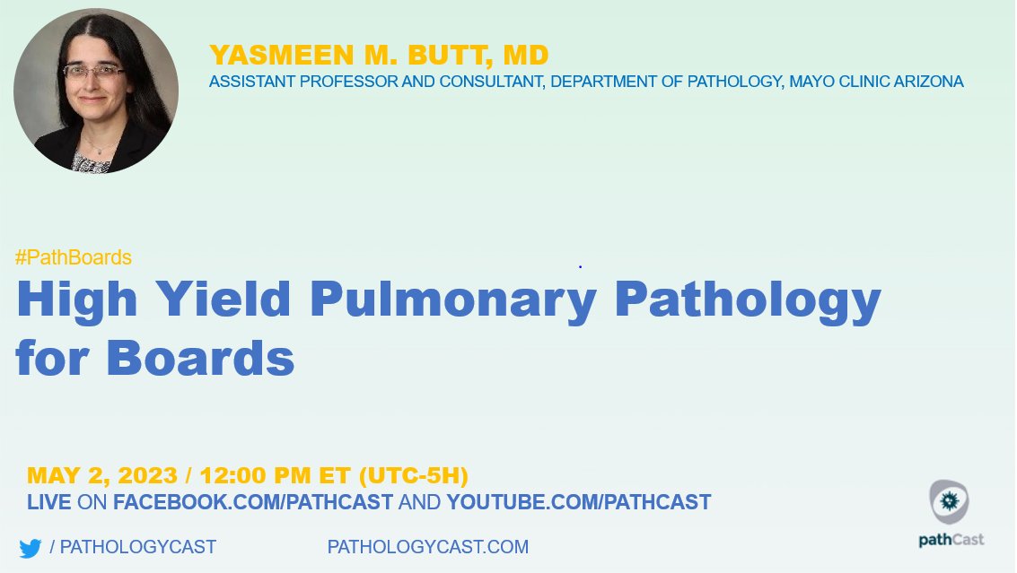 pathologyCast's tweet photo. #PATHBOARDS  High Yield Pulmonary Pathology for Boards (Dr. @YasmeenButtMD, Assistant Professor, 
@MayoClinic )
🗓️ May 2, 2023 - 12:00 PM (ET, NYC) https://t.co/Qsr0UBYNRn
