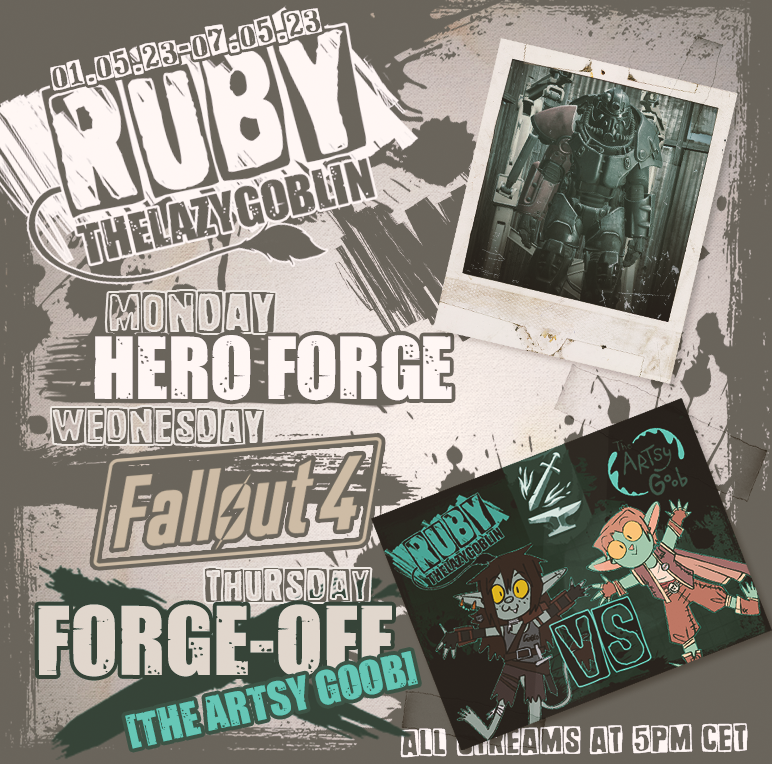 Ruby_LazyGoblin's tweet photo. Week 18!
#HeroForge Monday!
Wednesday we will go back into Fallout 4, I have some amazing Settlements to show all of you!

And The second #ForgeOff on my channel featuring @TheArtsyGoob!

All streams at 5pm CET

#Goblinstreamer | #Vtuber | #ENVtuber https://t.co/uBbhTWyra8