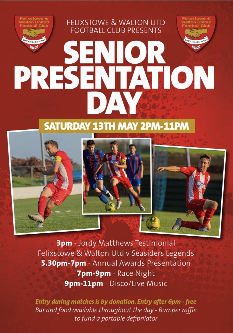 🔴⚪️ JORDAN MATTHEWS TESTIMONIAL ⚪️🔴

As part of our presentation day on Saturday 13th May at the AGL Arena, we have Jordy’s testimonial match at 3pm, Felixstowe &amp; Walton Utd vs Seasiders Legends.

The Legends side will feature…..

DAN DAVIS &amp; JAMAL WIGGINS 😍😍