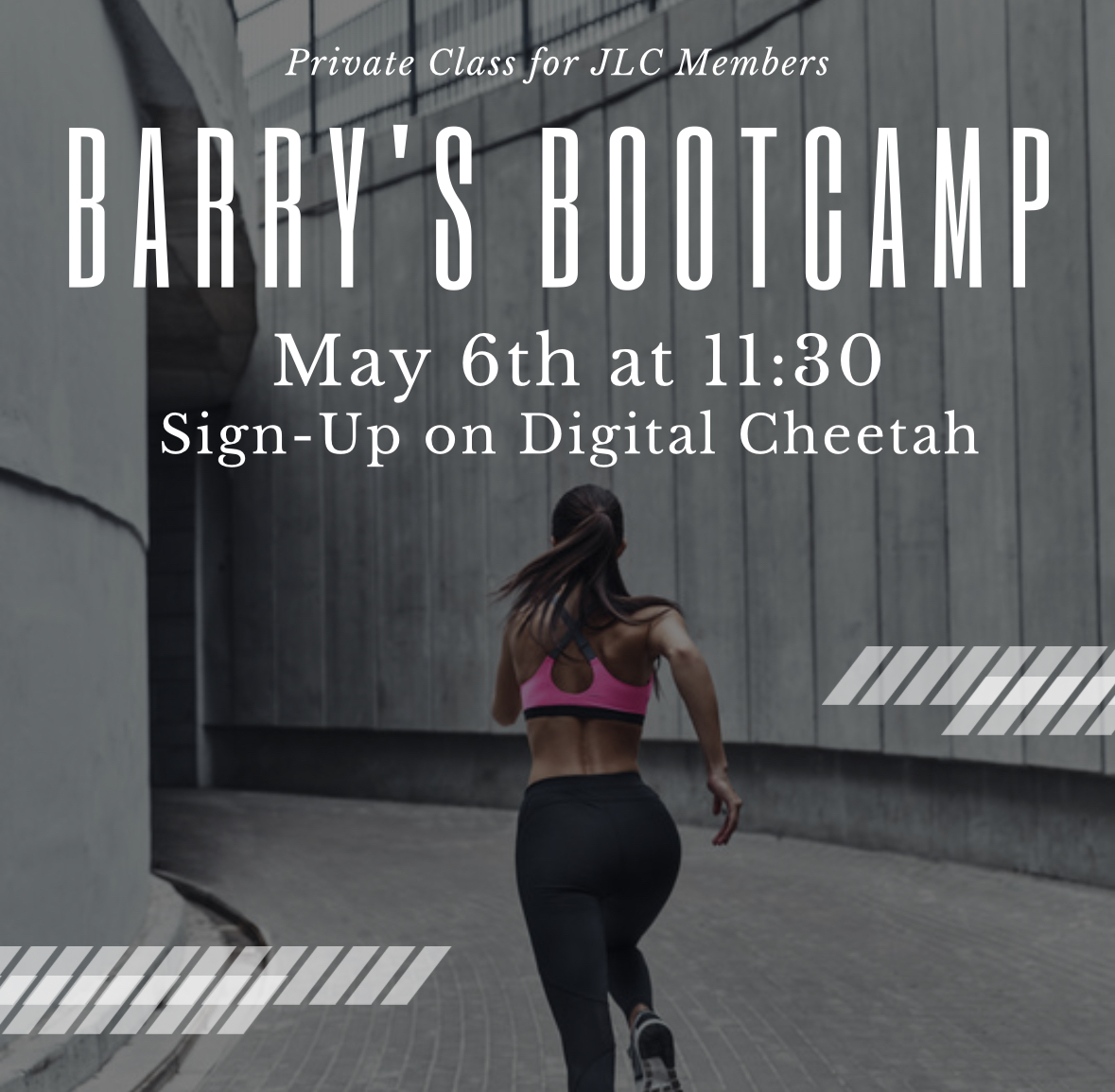 🏃‍♀️ Sweat with the social committee at Barry’s Bootcamp on May 6! 🏃‍♀️ Run and reserve your spot today by signing up on Digital Cheetah! #OneJLC #JLC