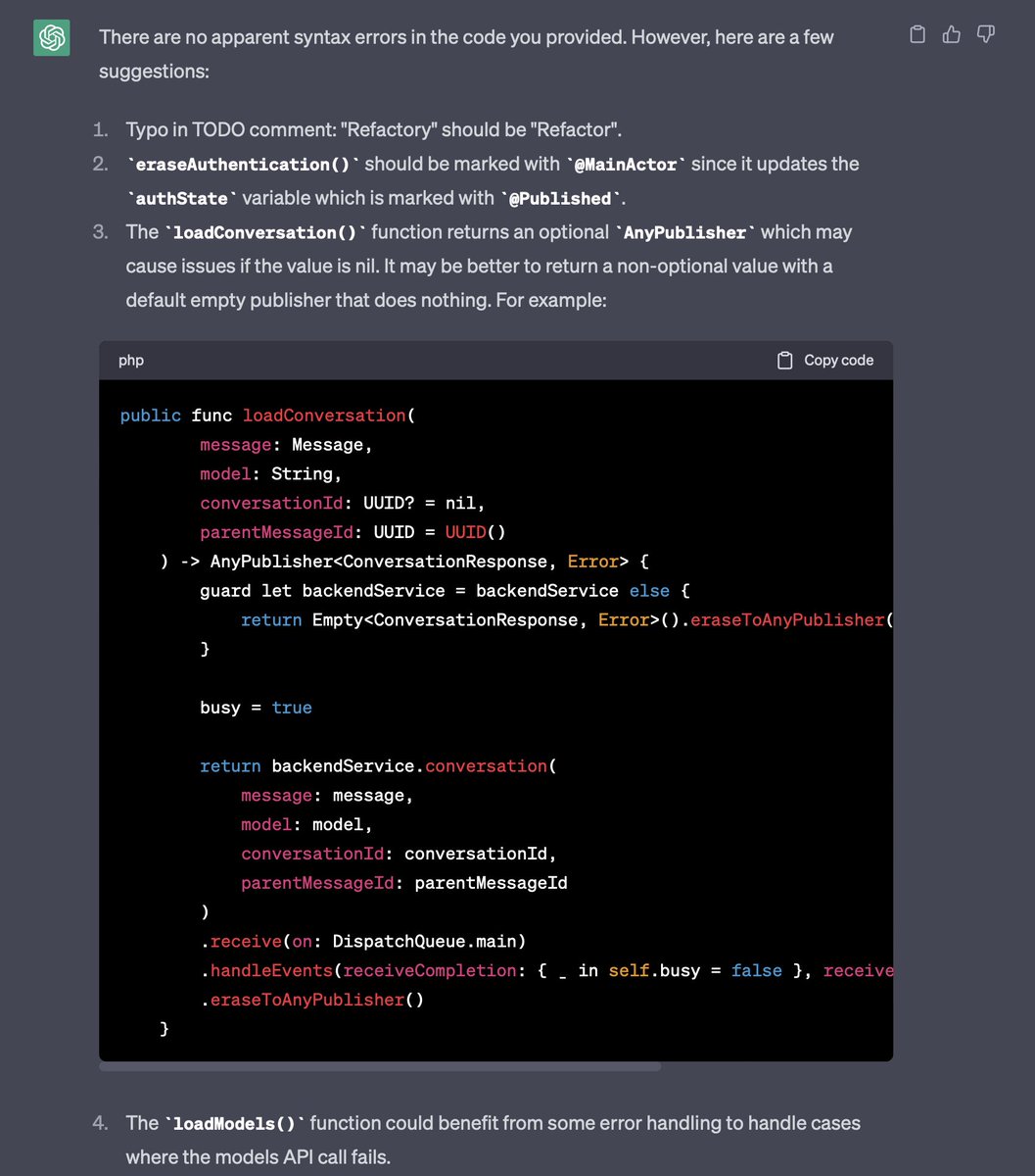 tomassrna's tweet photo. AI can review code and it can do it very well. I think an obvious step for @github is to add an AI code reviewer to their pull requests functionality. Probably not #ChatGPT, but their own #Copilot. https://t.co/QK7aDUY0lc