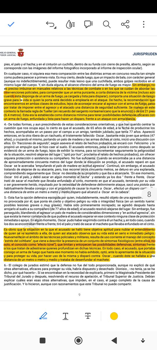 ElHispano77's tweet photo. Esta sentencia del TS, sobre Legítima defensa es muy muy interesante, recoge conceptos como: estrés de combate y la regla de Tueller.  Además explica muy bien lo que es la necesidad racional del medio empleado, lo de disparar a zonas no vitales etc. Recomiendo su lectura para https://t.co/yetrJXEhe4