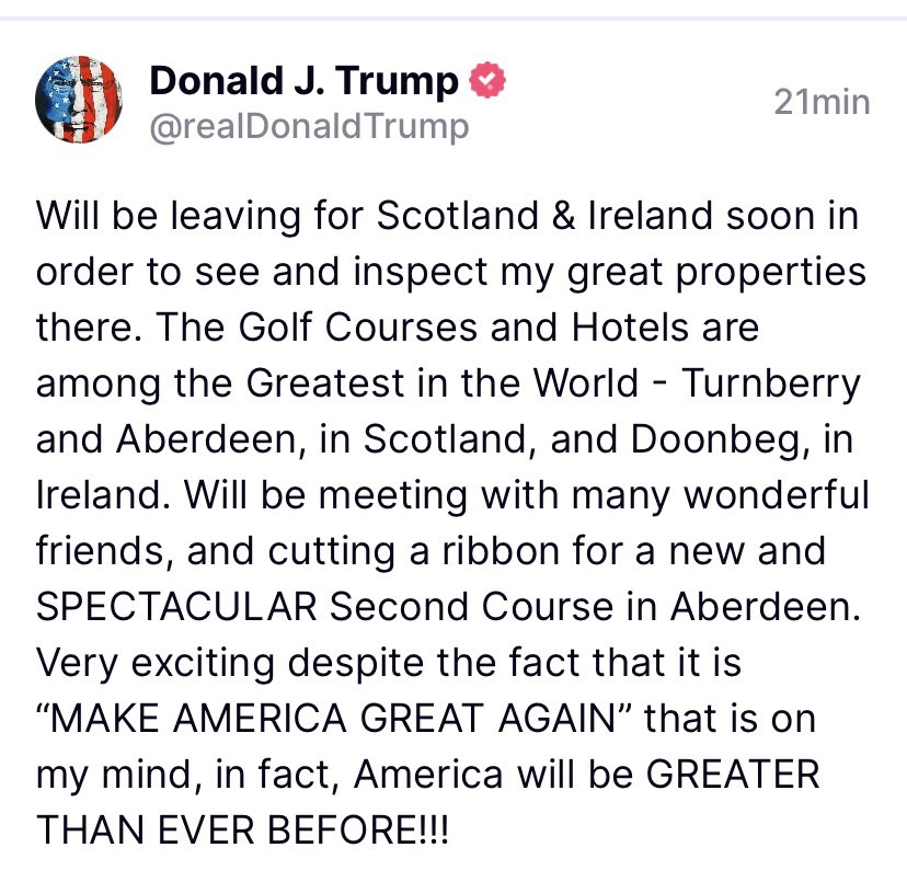 In the same breath that tRump begs his cult for money, here he is  bragging about his great properties in Scotland and Ireland and his golf courses and hotels. How the f**k are they so stupid?