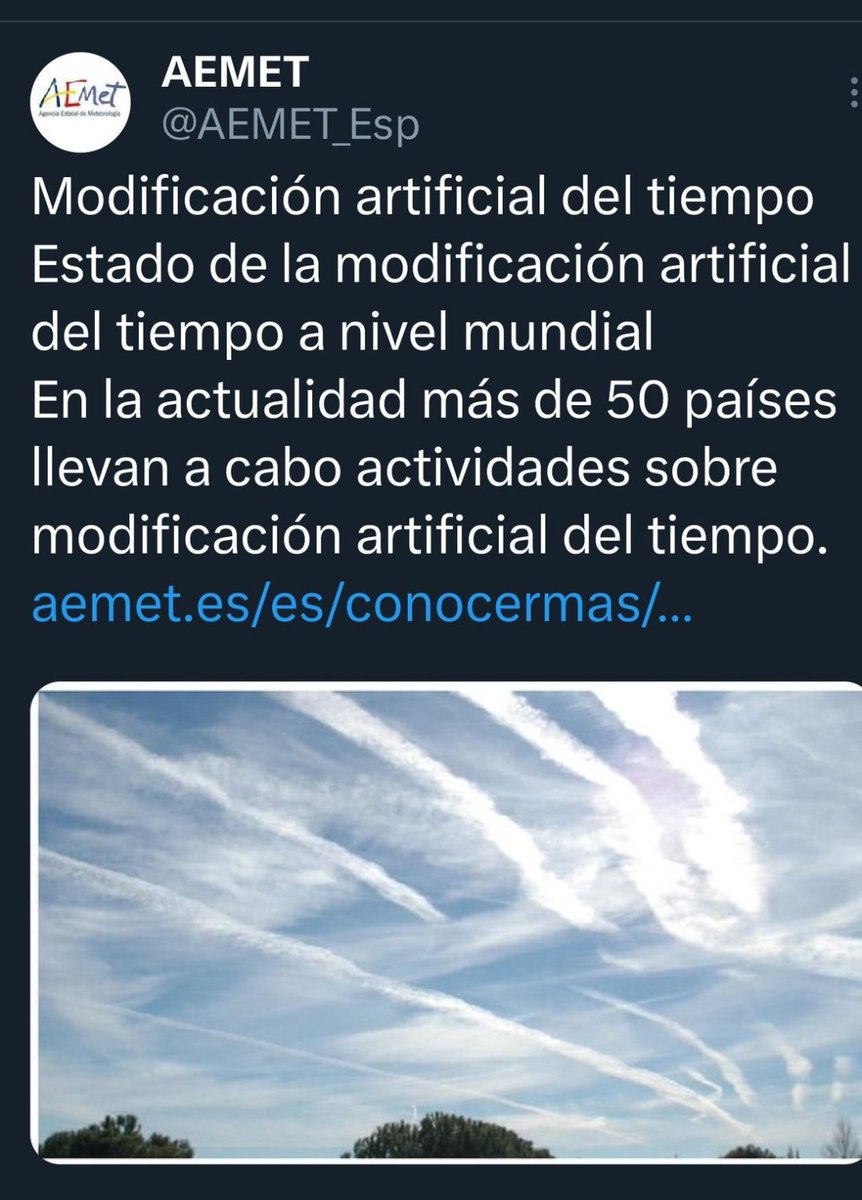 capTercio's tweet photo. AEMET reconoce en su página oficial que hay, al menos, 50 países experimentando la modificación artificial del clima.
La Fiscalía recibe cada vez más denuncias de ciudadanos que piden investigar las estelas que dejan los aviones #chemtrails https://t.co/055y89grQ7