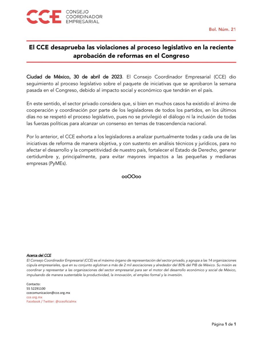 #Comunicado | El #CCE desaprueba las violaciones al proceso legislativo en la reciente aprobación de reformas en el Congreso.