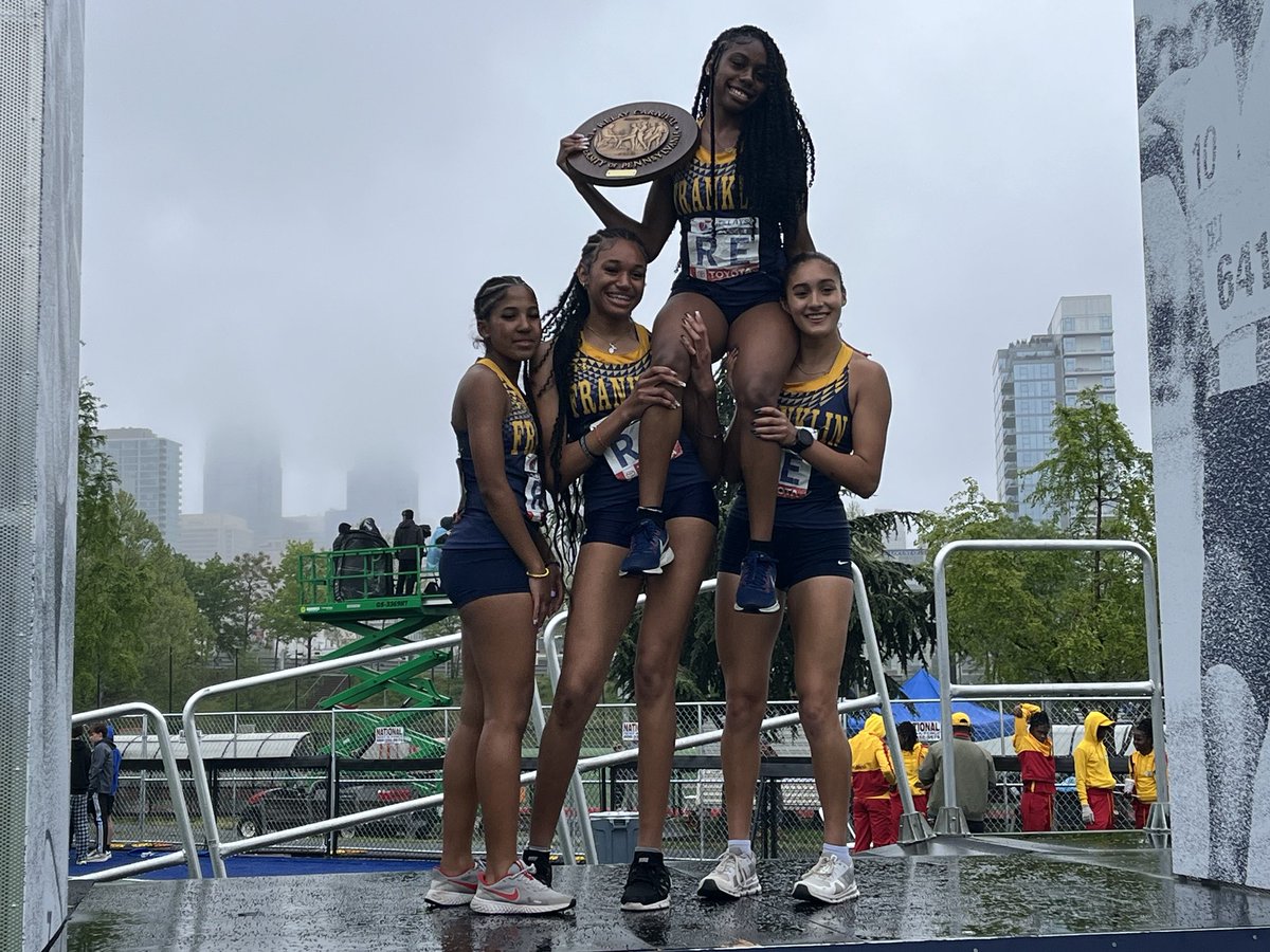 Penn Relay 4 by 400 1st place!! Zayla Salas, Adriana Rollins, Qiora Rollins, and Hannah Adhikari! Lady Warriors shining bright !!