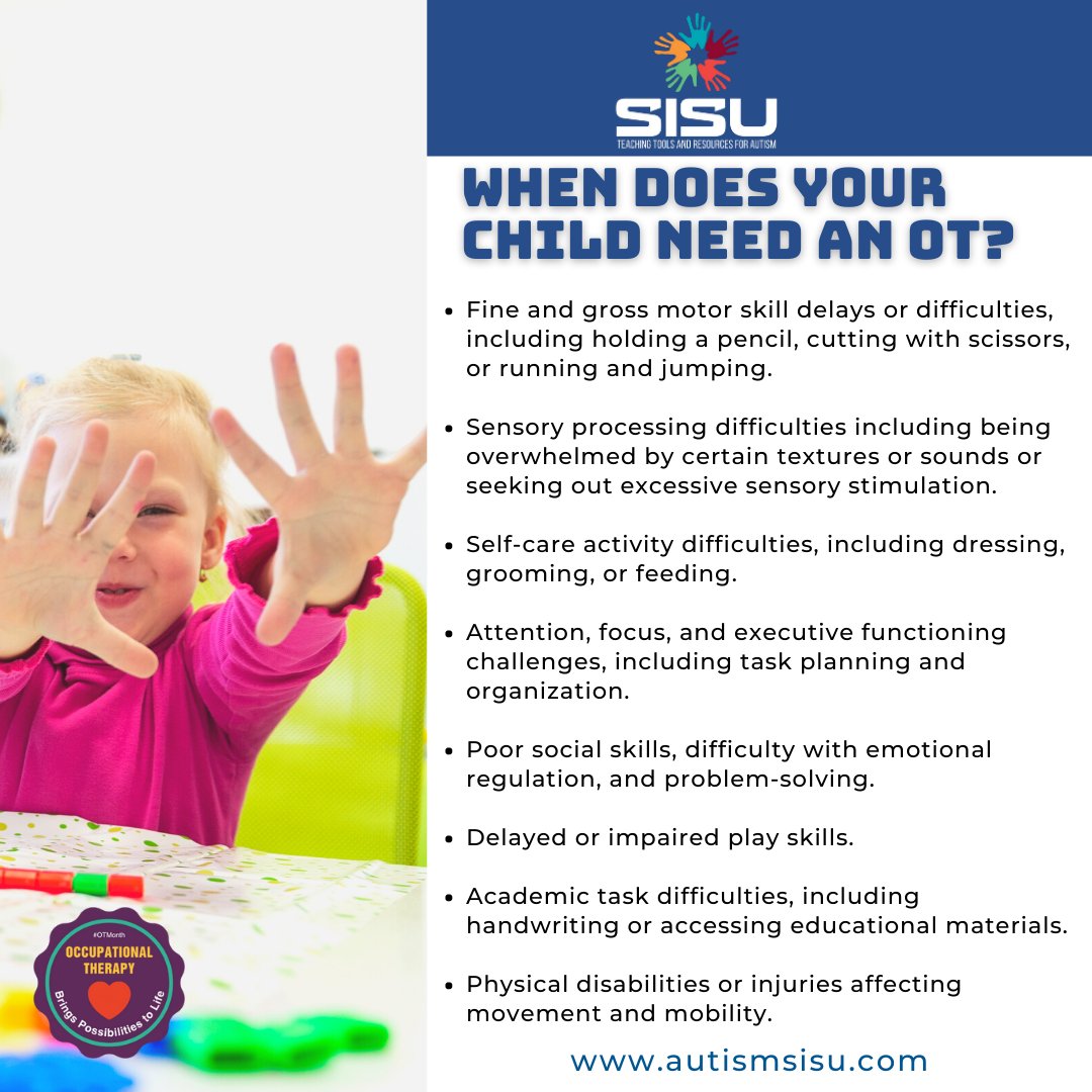 MeerbachAmber's tweet photo. If your child struggles with fine and gross motor skill delays, sensory processing difficulties, self-care activity difficulties, and physical disabilities affecting movement and mobility, then an Occupational Therapist can help! 👩‍👦‍👦💪 https://t.co/sLpaOegFYP