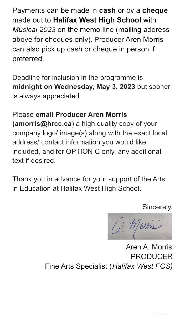 Openings for program sponsors/ community support for the <a href="/HalifaxWestHS/">Halifax West High School</a> musical “Matilda”
May 11-13 🙌 💕👏 to @ocpubhfx <a href="/patriciaarab/">Patricia Arab</a> <a href="/RafahDiCostanzo/">Rafah DiCostanzo</a> <a href="/IainTRankin/">Iain Rankin</a> <a href="/HRCEFineArts/">HRCEFineArts</a> for already lending your support 👍 Tag urself or a local business to be included! #supportlocal