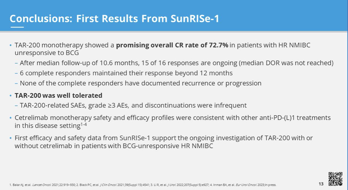Breaking news from #AUA23 @AmerUrological : @siadaneshmand presents 1st results from SunRISE-1 trial 👉TAR-200 (local gemcitabine delivery system in bladder) in BCG refractory high-risk non-muscle invasive #bladdercancer 👉 amazing ~73% complete response 👇@OncoAlert @urotoday