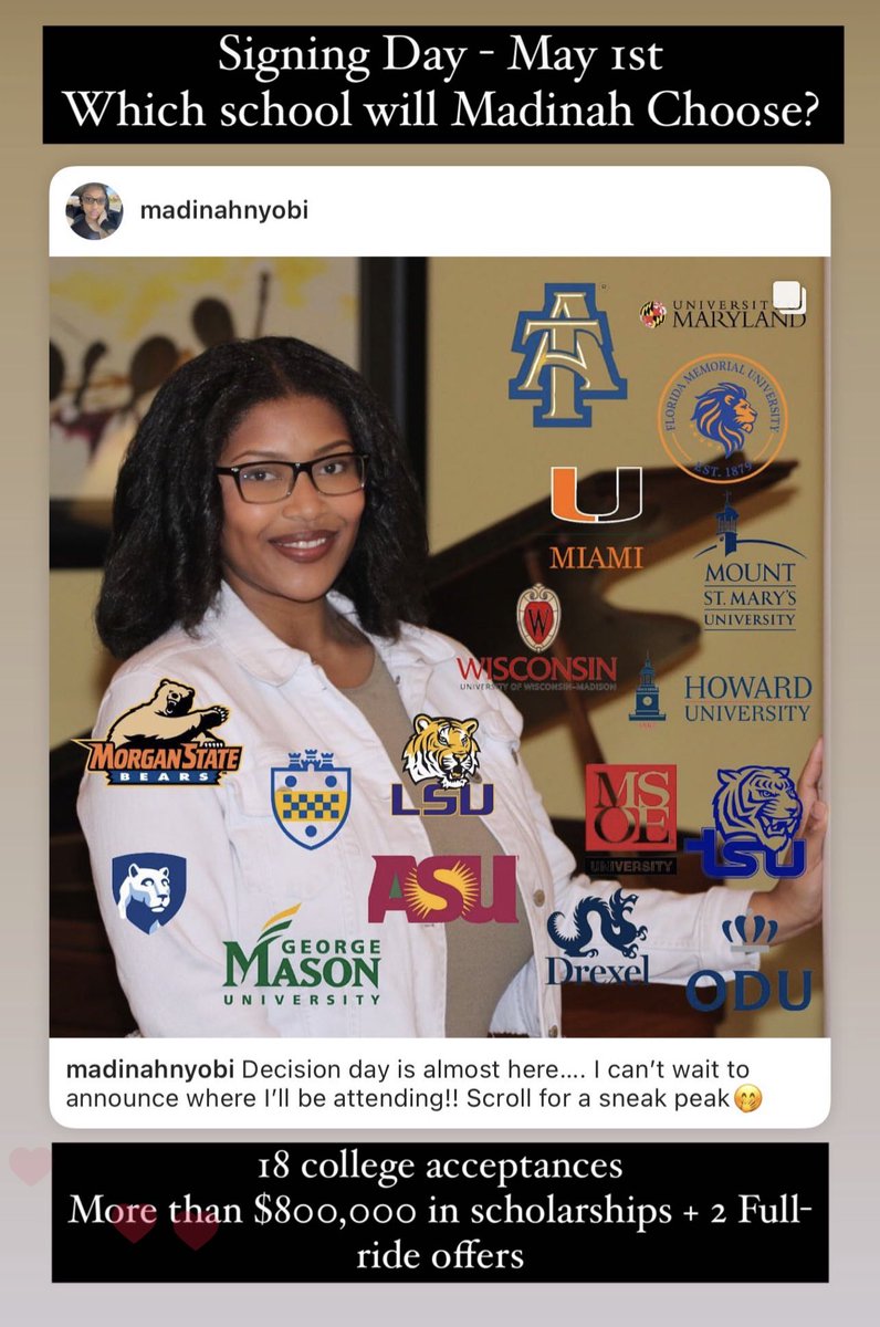My daughter, Madinah was accepted into 18 schools as a Civil Engineering major with over $800,000 in scholarships including 2 full-rides to <a href="/MSOE/">MSOE</a> &amp; <a href="/PittTweet/">University of Pittsburgh</a>! Tomorrow, she will reveal the school she will attend. Stay tuned….