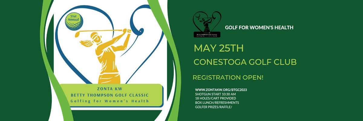 Registration Open! Golf for Women's Health zontakw.org/btgc2023
May 25th Conestoga Golf Club
Shotgun Start 10:30 am
Cart/lunch/refreshments/golfer prizes