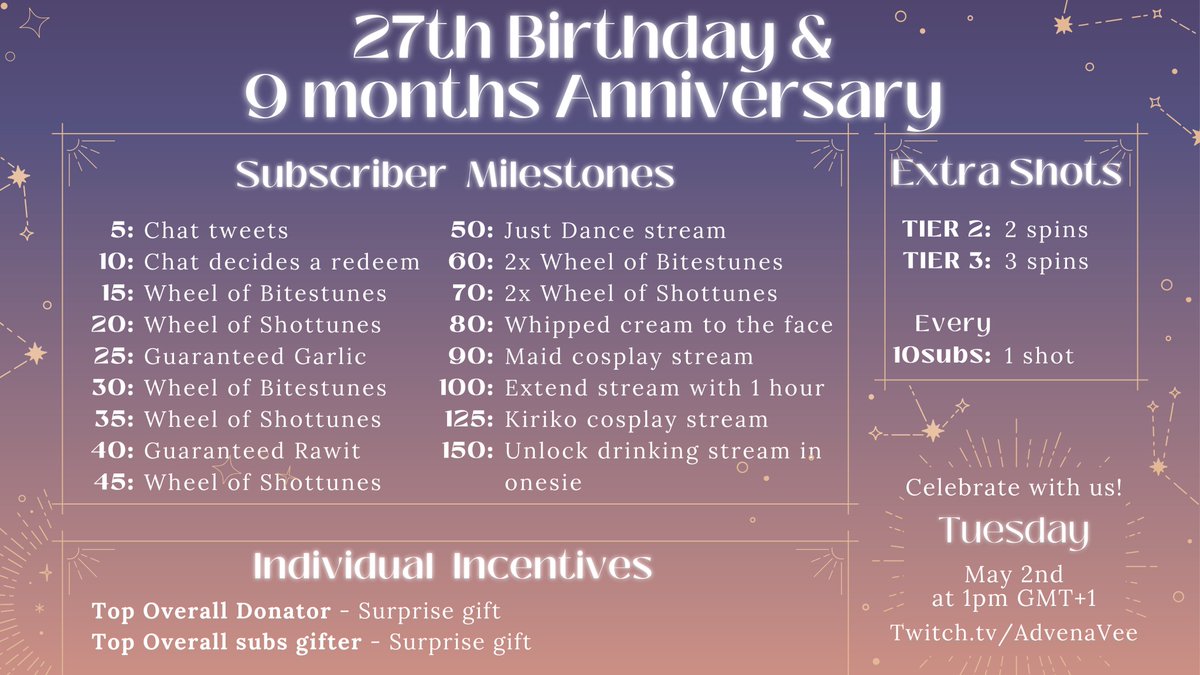 Adveenia's tweet photo. Haiii precious strangers ! This Tuesday May 2nd, I will be having a 12 hour stream for my birthday and 9months anniversary of streaming! Come join us? https://t.co/i0zbML7wRO https://t.co/CLmVZuiJyE