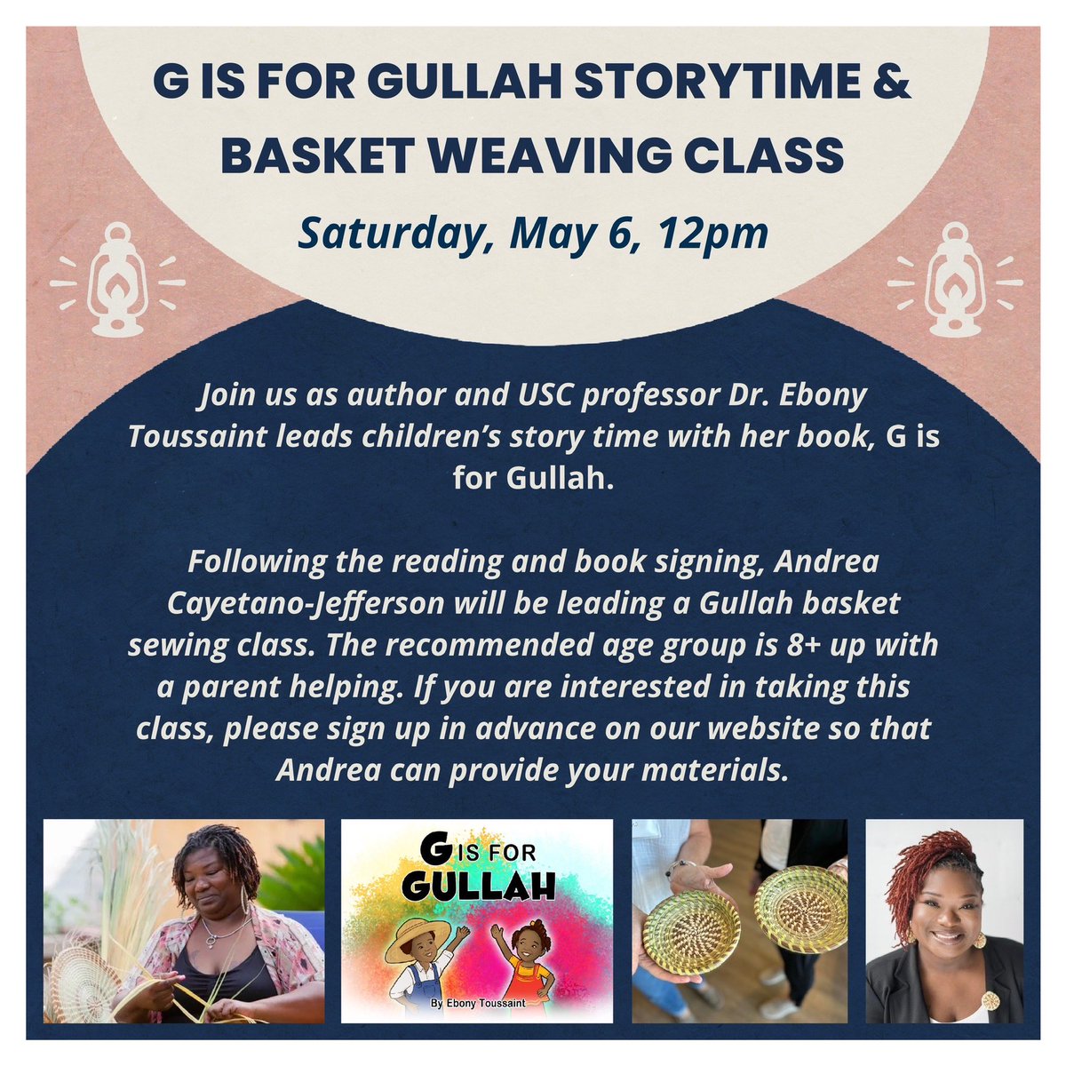 EbonyT_PhD's tweet photo. Please join me on Saturday, May 6 at 12pm for a book reading and basket weaving @All_Good_Books in Five Points! Register here: https://t.co/jXcqYtHBCs #Gullah #Geechee #Books https://t.co/w6z2FTBF1M
