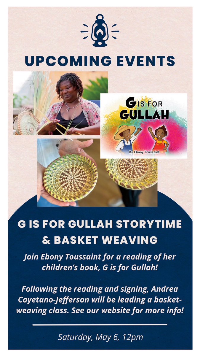 EbonyT_PhD's tweet photo. Please join me on Saturday, May 6 at 12pm for a book reading and basket weaving @All_Good_Books in Five Points! Register here: https://t.co/jXcqYtHBCs #Gullah #Geechee #Books https://t.co/w6z2FTBF1M