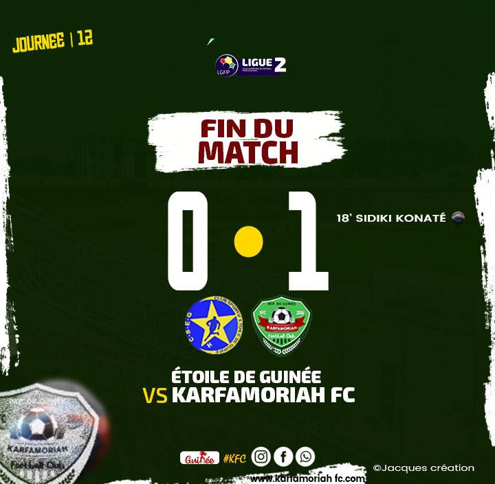 KarfamoriahFoot's tweet photo. C'est terminé‼️
Victoire de Karifamoriah sur Etoile de Guinée.
Score final 0️⃣ 1️⃣
⚽️ 𝗦𝗶𝗱𝗶𝗸𝗶 𝗞𝗼𝗻𝗮𝘁𝗲 18'
Deuxième victoires consécutive à l'extérieur.
🔴 On prend la tête du classement provisoirement avec 22 points.
#KarfamoriahFc
#KFC
#Noussommes🟢⚪️ https://t.co/yZLPeIfbo9