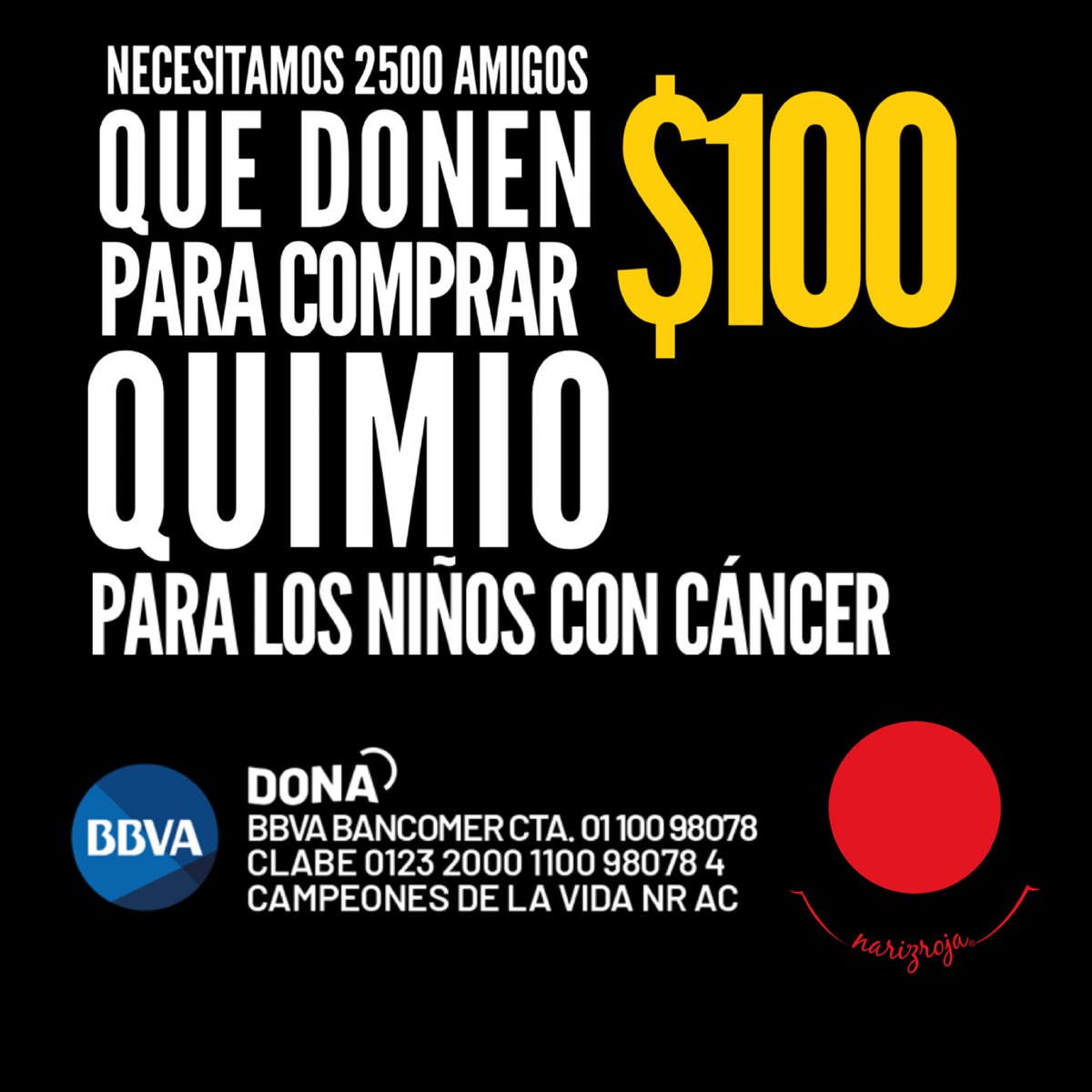 Que ningún niño se quede sin Quimio 
BBVA 
Cuenta: 0110098078
Clabe:  012320001100980784 
Campeones de la vida NR AC
Gracias 🔴❤️