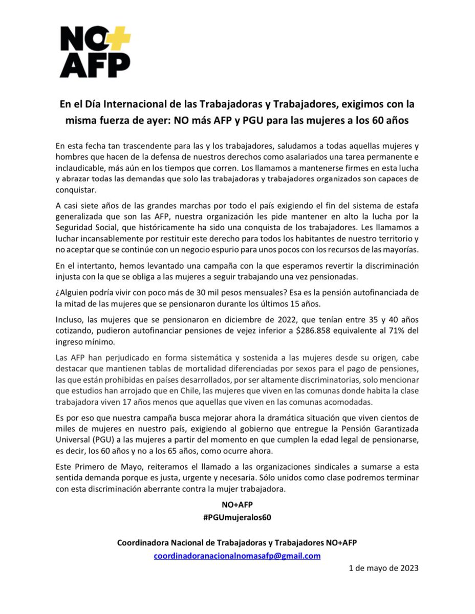 CNT_NOmasAFP's tweet photo. Este #1deMayo saludamos a lxs trabajadorxs y llamamos las organizaciones sindicales a sumarse a la Campaña x la #PGUmujeralos60, sentida, justa y urgente demanda.
Sólo unidos como clase podremos terminar con esta discriminación aberrante contra la mujer trabajadora
#NOmasAFP https://t.co/CkIhsVM1b8