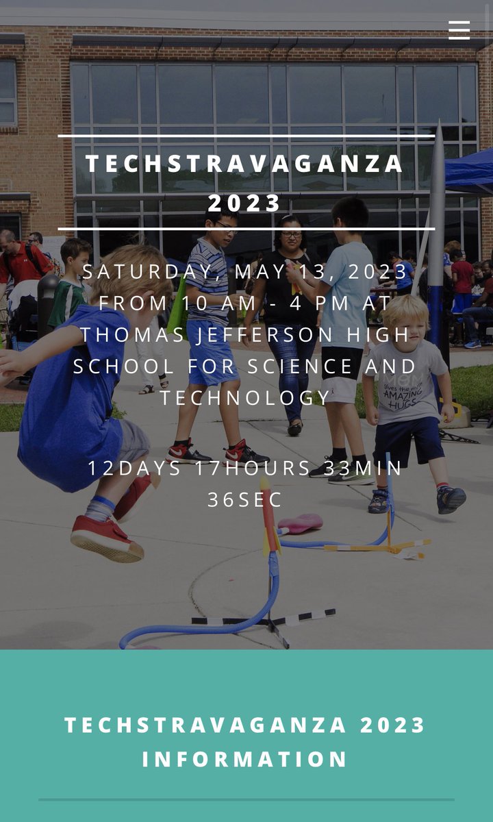 Techstravaganza! Hands on science &amp; technology. May 13 at TJ HS right next door in Fairfax County - free - register at the link tjtechstrav.org