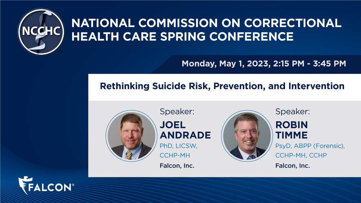 falcon_impact's tweet photo. Falcon experts Dr. Joel Andrade and Dr. Robin Timme will be presenting on “Rethinking Suicide Risk, Prevention, and Intervention” during the National Commission on Correctional Health Care (@NCCHC) Spring Conference tomorrow in NOLA. https://t.co/kGNezfu4Hm