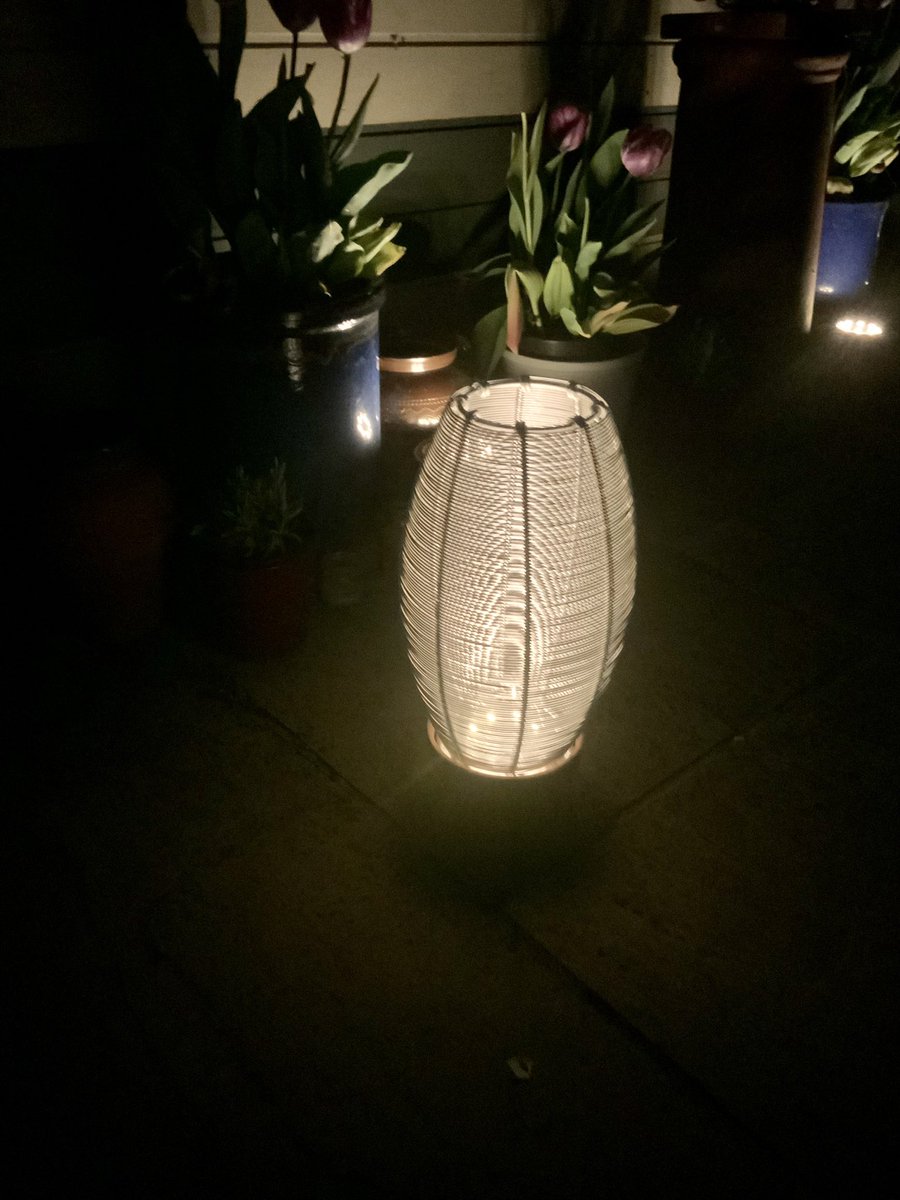 My new favourite garden light:  Metal lampshade, a £3 charity shop find, placed over a solar up lighter 🤷‍♂️🤗.
#Garden #GardenLight #CharityShop #recycle #upcycling