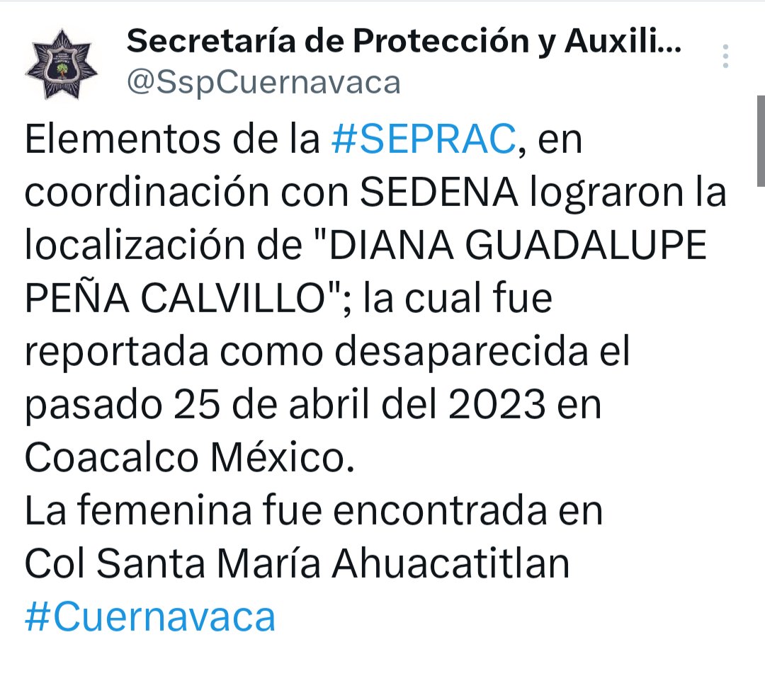 ImeVM's tweet photo. LOCALIZADA 🙏🙏🙏
Muchas gracias a todos los que compartieron y estuvieron al pendiente. Diana ya fue localizada. #NiUnaMenos https://t.co/2VEXD2clmf