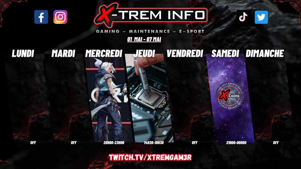 X_trem_info's tweet photo. Hello les dragonneaux !

Voici le #Planning de cette semaine !  

➡️ShowMatch Valorant Cast par @VodkaStream 
➡️Montage PC Viewer
➡️Qui veut gagner des X-Coins

En direct sur https://t.co/EAhbYR6rUF

#streamer #gaming #Twitch #twitchfr #Xtrem #Informatique #Esport #Valorant https://t.co/eqLo3QbYrd