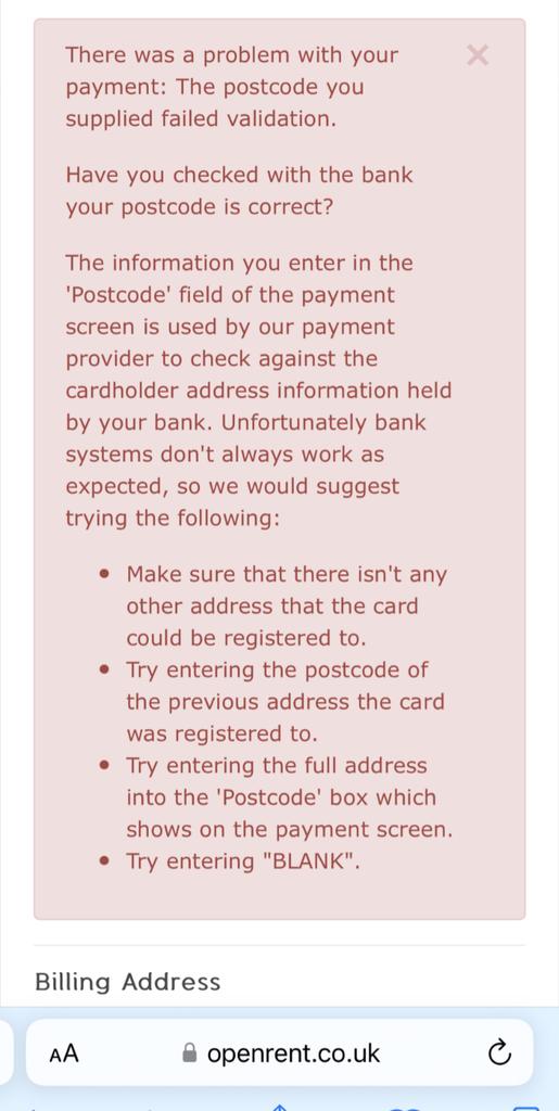 moigescr's tweet photo. Hi @OpenRent, my putative tenants have tried to pay their holding deposit with 3 different cards and used all of the options listed in your message.
We're aiming for a move next week. Are there other options (e.g. bank transfer)? https://t.co/z9Bn9SNLrJ