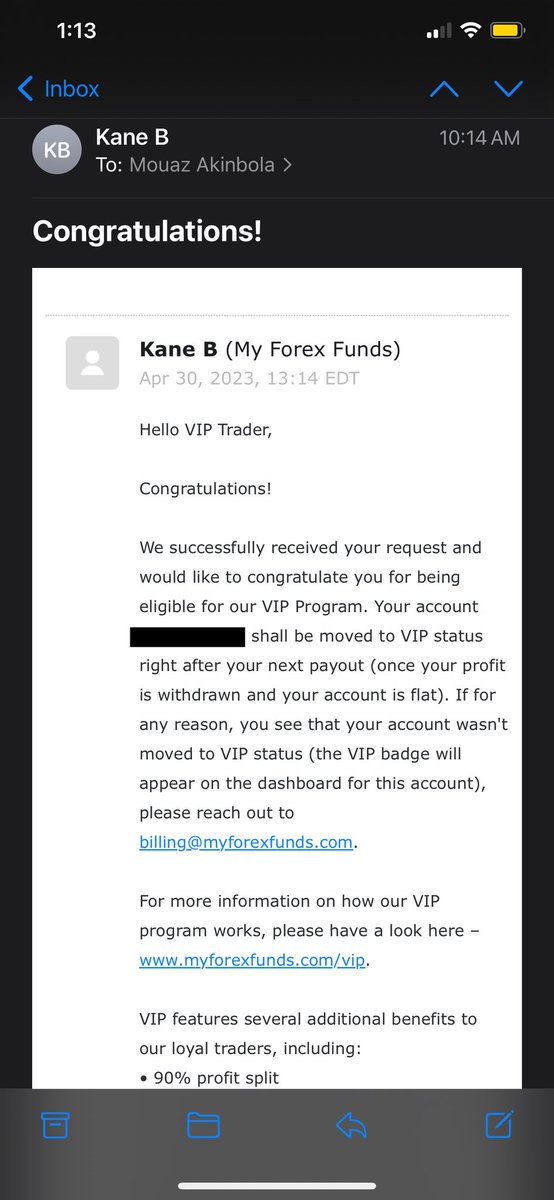 Financial_F1's tweet photo. Woke up today with this sweet email from the best prop firm in the world @MyForexFunds I’m finally a VIP trader with them💯consistency💯🤷🏽‍♂️
#trading #propfirm #funded #viptrader https://t.co/9DeImKFTUk