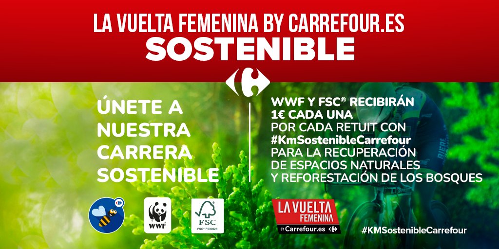 ¡Contigo hacemos La Vuelta Femenina by Carrefour.es más sostenible 🌏🚴‍♀️!

Haz RT a este tuit y donamos 1€ para la recuperación de espacios naturales y reforestación de los bosques #KMSostenibleCarrefour
