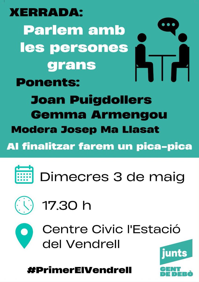 📅 dimecres 3 de maig, a les ⏰️ 17:30 h, vine a la xerrada:

"Parlem amb persones grans"

Amb la participació de Joan Puigdollers i Gemma Armengou, al Centre Cívic "L'Estació", Avinguda Jaume Carner, 1 del #vendrell

T'esperem!

<a href="/JuntsXCat/">Junts per Catalunya🎗</a> 
<a href="/joanpuigdoller1/">joan puigdollers fargas</a> <a href="/juntscomarqbcn/">Junts Vegueria Comarques Barcelona 🎗</a>